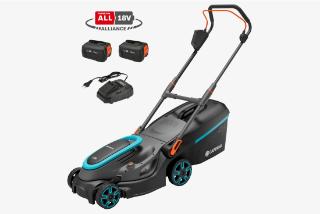 A GARDENA lawnmower with two spare batteries and a charging station