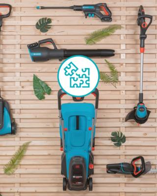Several battery-driven GARDENA products on a wall with a puzzle icon