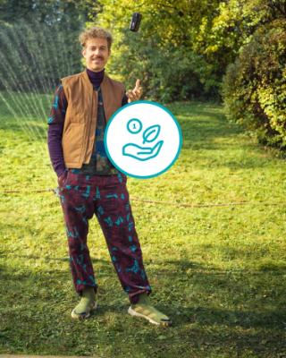 A man in the garden and an icon for saving money and protecting the environment