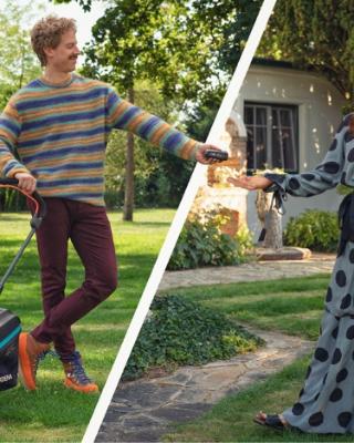 Ein Mann und eine Frau benutzen einen Akku-Rasenmäher im Garten